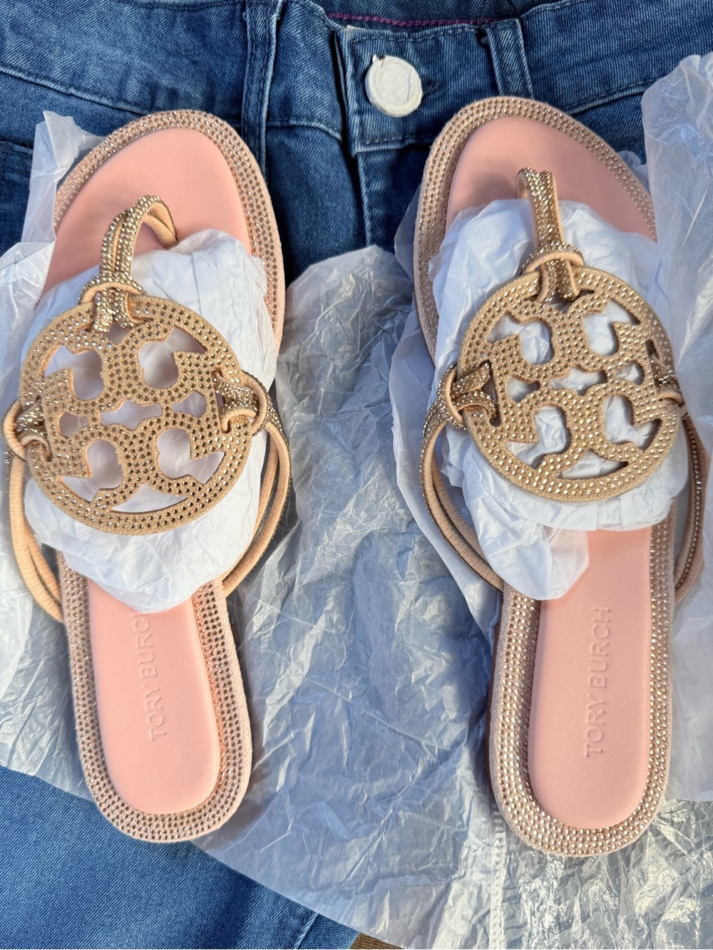 Tory Burch Blush Pink Sandals with Gold Logo Medallions